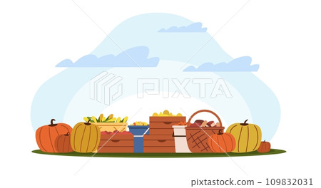 Fall harvest, baskets and boxes of vegetables and harvested fruit. Farm and forest ecological natural fresh food. Local organic products. Cartoon flat isolated vector agriculture concept 109832031