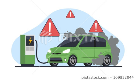 Electric vehicle breakdown and fire during charging. Vehicle recovery. Automobile with smoke from tires wheels, e-car break, smoke from engine. Modern technology. Cartoon flat vector concept Electric vehicle breakdown and fire during charging. Vehicle recovery. Automobile with smoke from tires wheels, e-car break, smoke from engine. Modern technology. Cartoon flat vector concept 109832044