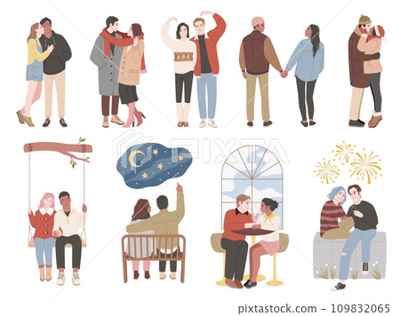 Couples in romantic relationship. Valentines day, happy people in love, young women and men hugging, kissing and walking, different seasons clothes cartoon flat isolated tidy vector set Couples in romantic relationship. Valentines day, happy people in love, young women and men hugging, kissing and walking, different seasons clothes cartoon flat isolated tidy vector set 109832065