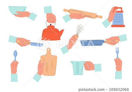 Cook hands hold set of cooking utensils. Kitchen objects for baking. Knives and forks, bowl and pans in arms. Preparing food tools and household equipment cartoon flat isolated vector set 109832068