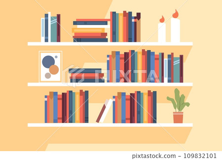 Bookshelves with books standing on them. Home library or bookstore with candies and plants in pots on shelves. Dictionary and textbook. Cartoon flat isolated vector literature concept Bookshelves with books standing on them. Home library or bookstore with candies and plants in pots on shelves. Dictionary and textbook. Cartoon flat isolated vector literature concept 109832101