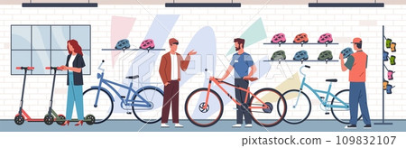 Bicycle store. People choose bicycles, scooters in bike center, happy buyers consult with seller, helmets on shelves, man and woman customers cartoon flat isolated nowaday vector concept 109832107