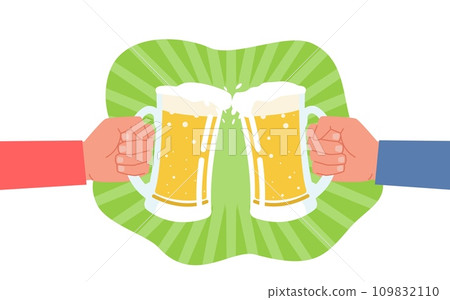 Beer festival, two hands holding beer glasses. Men cheers cold foam drinks in bar or pub. Oktoberfest toast. Friends drinking. Emblem or label. Cartoon flat isolated vector concept 109832110