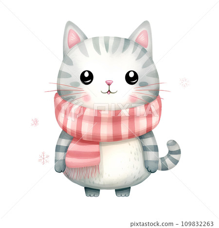 Watercolor cat with scarf in winter for Christmas festival 109832263