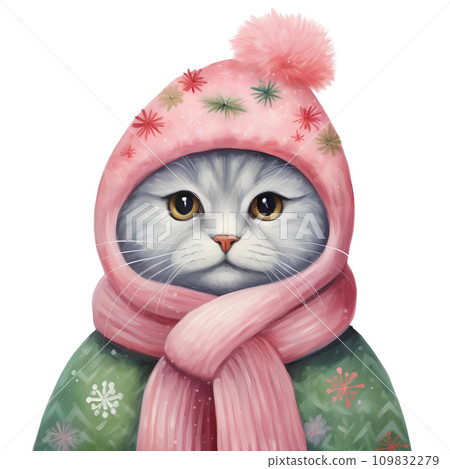 Watercolor cat with scarf in winter for Christmas festival Watercolor cat with scarf in winter for Christmas festival 109832279