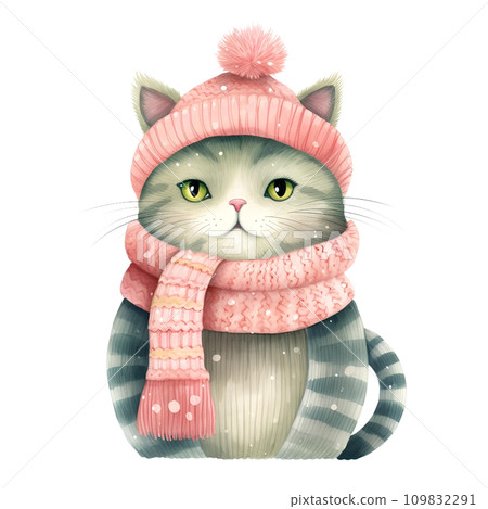 Watercolor cat with scarf in winter for Christmas festival Watercolor cat with scarf in winter for Christmas festival 109832291
