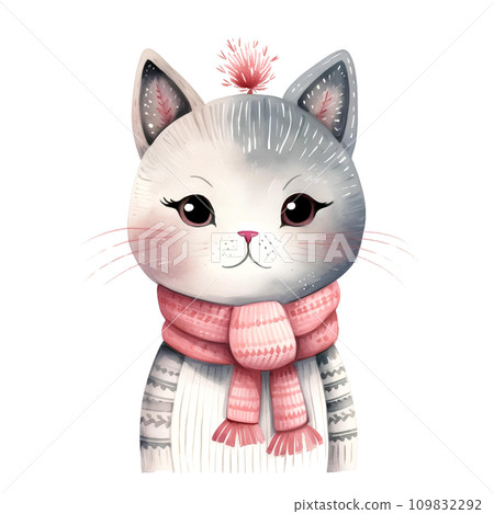 Watercolor cat with scarf in winter for Christmas festival 109832292