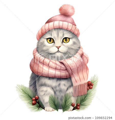 Watercolor cat with scarf in winter for Christmas festival 109832294