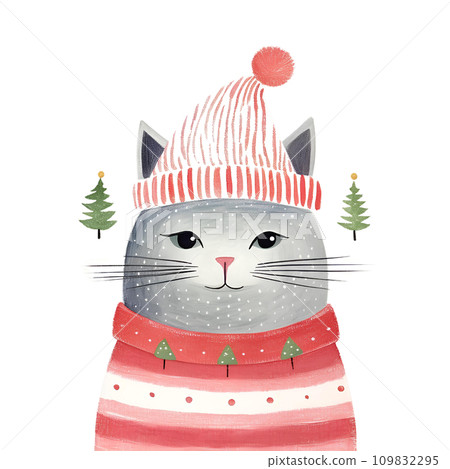 Watercolor cat with scarf in winter for Christmas festival 109832295