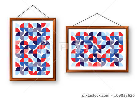 Picture frame with geometric trendy pattern, Bauhaus style. Modern background, simple elements. Retro texture, basic geometric shapes. Print design, minimalist poster cover. Vector illustration 109832626