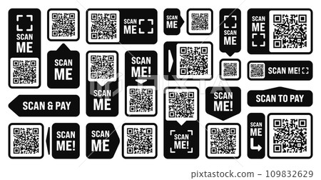Scan me QR code sticker. Online payment. Special offer sale stickers, shopping discount label or promotional badge. Serial number, product ID. Supermarket retail label, price tag. Vector illustration 109832629