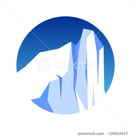 Round floating iceberg, drifting arctic glacier, block of frozen ocean water. Icy mountains with snow. Melting ice peak. Antarctic snowy landscape. South and North Pole. Vector illustration Round floating iceberg, drifting arctic glacier, block of frozen ocean water. Icy mountains with snow. Melting ice peak. Antarctic snowy landscape. South and North Pole. Vector illustration 109832637