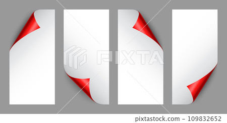 Set of red paper curls. Curled page corner with shadow. Blank sheet of paper. Colorful shiny foil. Design element for advertising and promotion. Vector illustration. Set of red paper curls. Curled page corner with shadow. Blank sheet of paper. Colorful shiny foil. Design element for advertising and promotion. Vector illustration. 109832652