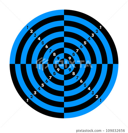 Shooting range paper target with divisions, marks and numbers. Archery, gun shooting practise and training, sport competition and hunting. Bullseye and aim. Vector illustration Shooting range paper target with divisions, marks and numbers. Archery, gun shooting practise and training, sport competition and hunting. Bullseye and aim. Vector illustration 109832656