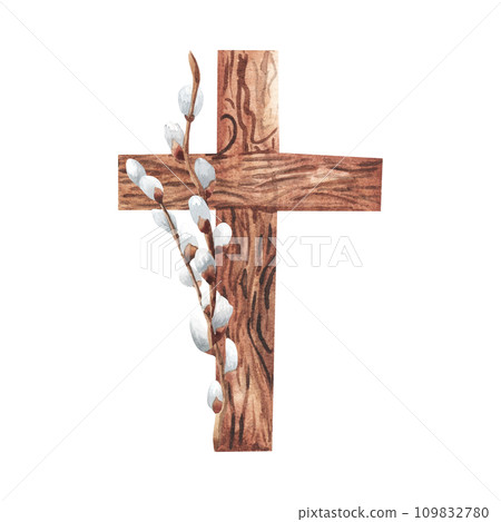 Easter cross with catkins on wooden background, palm sunday religious concept abstract. Willow twigs composition. For design. religious, flyer, template Easter cross with catkins on wooden background, palm sunday religious concept abstract. Willow twigs composition. For design. religious, flyer, template 109832780