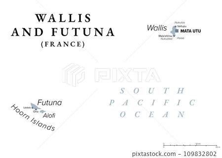 Wallis and Futuna, gray political map. Island collectivity of France in the South Pacific with capital Mata Utu, consisting of 3 main volcanic tropical islands Wallis, Futuna and uninhabited Alofi. Wallis and Futuna, gray political map. Island collectivity of France in the South Pacific with capital Mata Utu, consisting of 3 main volcanic tropical islands Wallis, Futuna and uninhabited Alofi. 109832802