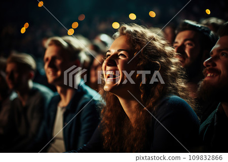 Joyful Audience Diverse Crowd Delighting in a Theater or Cinema Show, Laughter and Fun. created with Generative AI 109832866