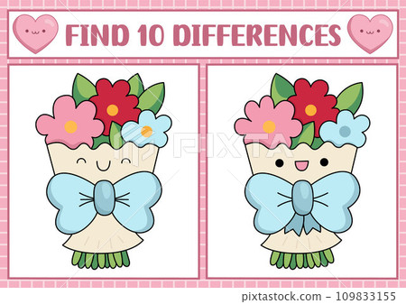 Saint Valentine kawaii find differences game for children. Attention skills activity with cute bouquet with flowers. Love holiday puzzle for kids. Printable what is different worksheet Saint Valentine kawaii find differences game for children. Attention skills activity with cute bouquet with flowers. Love holiday puzzle for kids. Printable what is different worksheet 109833155