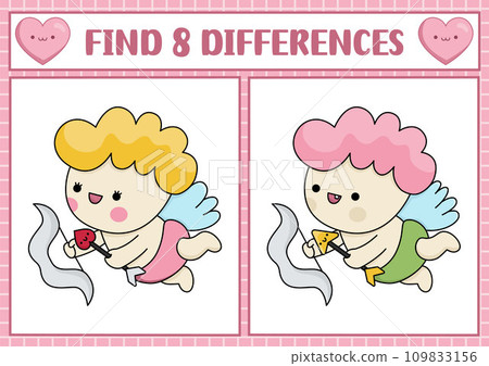 Saint Valentine kawaii find differences game for children. Attention skills activity with cute cupid with bow and arrows. Love holiday puzzle for kids. Printable what is different worksheet 109833156