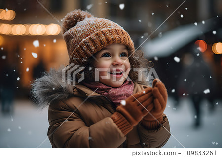 Smiling Mixed Race Toddler in City, Festive Snowfall, Christmas Joy and Winter Delights. created with Generative AI 109833261