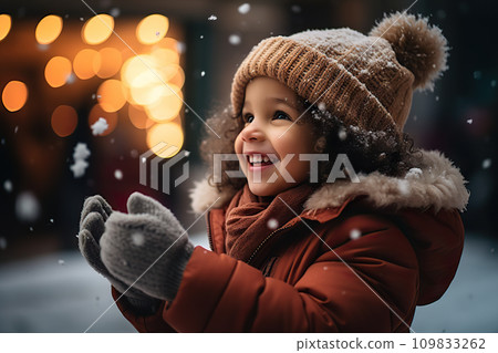 Smiling Mixed Race Toddler in City, Festive Snowfall, Christmas Joy and Winter Delights. created with Generative AI 109833262