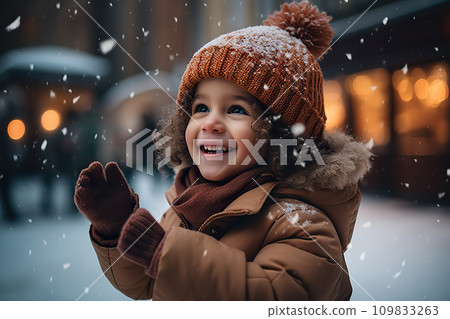 Smiling Mixed Race Toddler in City, Festive Snowfall, Christmas Joy and Winter Delights. created with Generative AI 109833263