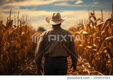 A Harvest Season Portrait of a Farmer Standing Proudly in a Bountiful Corn Field. created with Generative AI 109833561