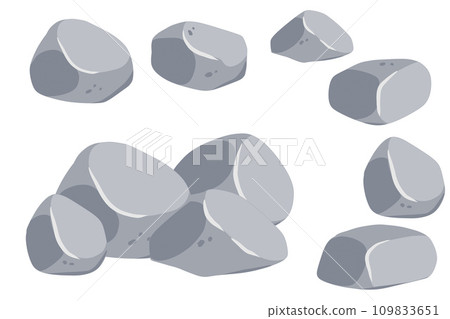 Set of stones. Gray cobblestone. Element of nature and mountains. Items for decoration and background. Flat cartoon. 109833651