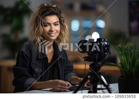 Female Blogger Engaged in Captivating Video Content Creation. created with Generative AI 109833658