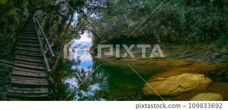 Serene Wooden Stairway Leading to a Calm Lake Cove 109833692