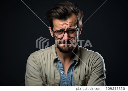 Portrait of a Tearful Depressed Man in Casual Attire on Moody Dark Background. created with Generative AI Portrait of a Tearful Depressed Man in Casual Attire on Moody Dark Background. created with Generative AI 109833830