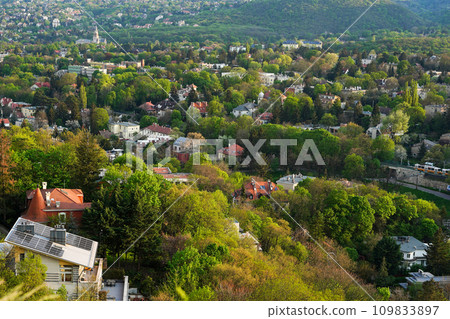 City in Summer with sunset light effect backgrounds, city in green mountains 109833897