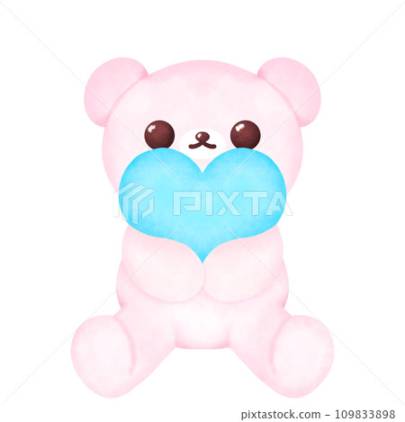 Cute Pink Bear with Blue heart Doodle illustration, Hand drawn, water color, Pencil in doodle 109833898
