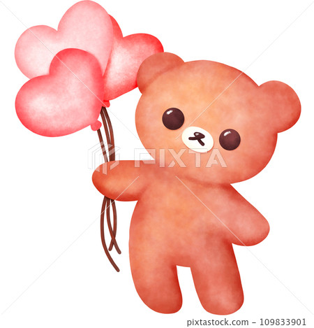 Cute Brown Bear with heart balloon Doodle illustration, Hand drawn, water color, Pencil in doodle 109833901