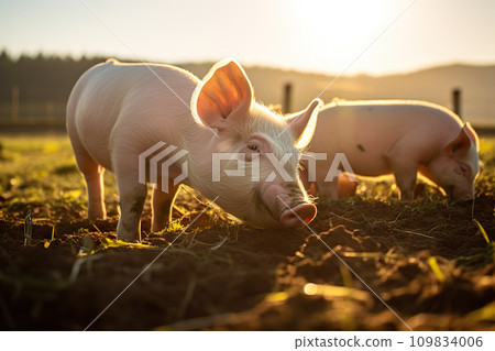 Organic Farm Bliss Happy Pigs Grazing in a Lush Meadow on a Sustainable Meat Farm. created with Generative AI Organic Farm Bliss Happy Pigs Grazing in a Lush Meadow on a Sustainable Meat Farm. created with Generative AI 109834006
