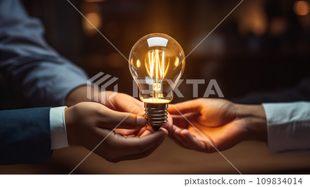 Businessman Holding Light Bulb in Office, Exemplifying Teamwork and Creative Ideation. created with Generative AI 109834014