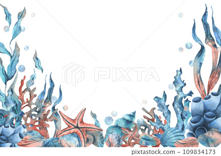 Underwater world clipart with sea animals whale, turtle, octopus, seahorse, starfish, shells, coral and algae. Hand drawn watercolor illustration. Set of isolated objects on a white background. Underwater world clipart with sea animals whale, turtle, octopus, seahorse, starfish, shells, coral and algae. Hand drawn watercolor illustration. Set of isolated objects on a white background. 109834173