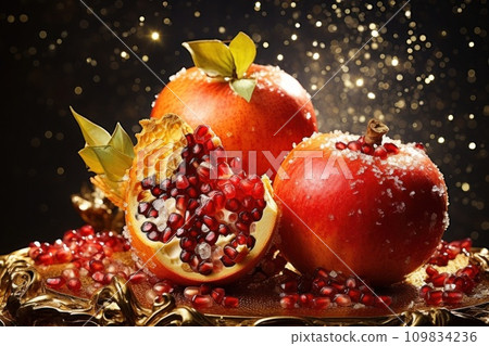 Fresh ripe fruits, whole and cut pomegranate with juicy red grains and leaves 109834236