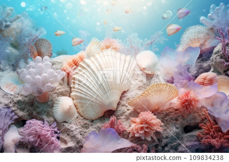 Starfish and various seashells macro background. Sshells have different shapes, colors and textures, creating stunning pattern. Mermaidcore aesthetic, marine life, fantasy, fashion and beauty concept 109834238