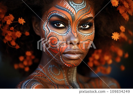 Portrait showcasing the rich heritage of Australian Aboriginal indigenous culture. Woman adorned with traditional patterns standing in wooded area with trees and foliage in background 109834249