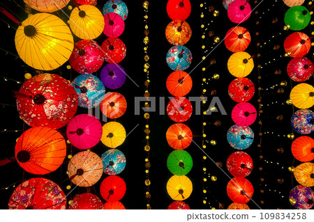 Bright Chinese New Year lanterns on black background Bright Chinese New Year lanterns on black background 109834258