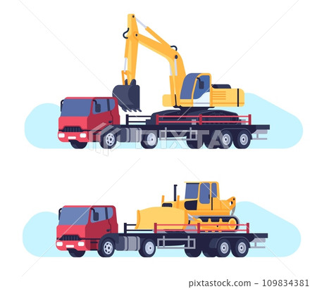 Truck carrying construction equipment. Lorry for excavator and bulldozer shipping. Transport logistics. Industrial vehicle traffic. Cargo automobile. Building machine. Vector concept Truck carrying construction equipment. Lorry for excavator and bulldozer shipping. Transport logistics. Industrial vehicle traffic. Cargo automobile. Building machine. Vector concept 109834381