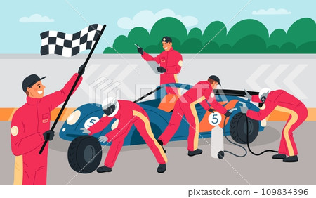 Professional pit stop mechanics. Car repair at sport race. Fast automobile maintenance. Workers team in uniform. Racing competition. Tire change. Technician crew. Garish vector concept 109834396