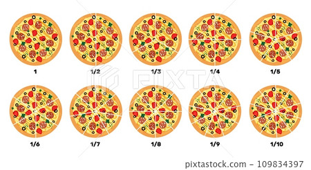 Pizza with fractions. Food pieces. Mathematical calculations. Meal rate. Children education. Whole pepperoni. Baking slice diagram. Italian cuisine. Pizzeria restaurant. Vector concept 109834397