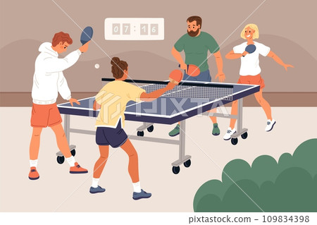 Ping pong tournament. People play table tennis. Couples compete with each other. Athletes hit ball with rackets. Sportsman match. Sport championship. Players team. Garish vector concept Ping pong tournament. People play table tennis. Couples compete with each other. Athletes hit ball with rackets. Sportsman match. Sport championship. Players team. Garish vector concept 109834398