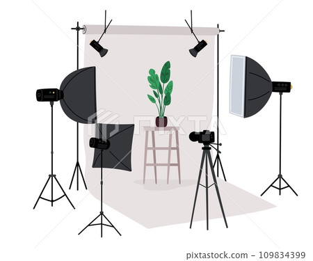 Photo studio with special lighting equipment. Camera at tripod. Professional photographic tools. Spotlights and flash umbrellas. Plant in flowerpot. Snapshot backdrop. Vector concept Photo studio with special lighting equipment. Camera at tripod. Professional photographic tools. Spotlights and flash umbrellas. Plant in flowerpot. Snapshot backdrop. Vector concept 109834399
