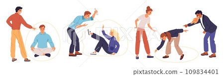 Personal boundaries violation. People defend personal space. Psychological comfort. Social communication and interaction. Delineate borders. Quarrel and conflict. Garish vector set Personal boundaries violation. People defend personal space. Psychological comfort. Social communication and interaction. Delineate borders. Quarrel and conflict. Garish vector set 109834401