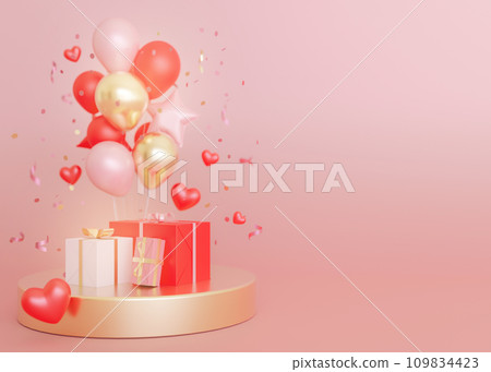 Red, pink and gold balloons, hearts, confetti and gift boxes on round pedestal against pink background. Copy space for text. Valentine's Day, Woman's, Mother's Day backdrop. Greeting card design. 3D. 109834423