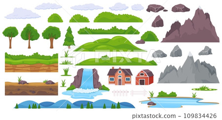 Landscape elements constructor. Natural objects of different geographical zones. Various trees or rocks. River waterfall. Scenic mountain and hills. Countryside house. Recent vector set 109834426
