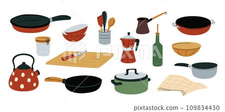 Kitchen utensils. Food preparing kitchenware. Frying pan or saucepan. Coffee cezve. Cutting board with knife. Metal kettle. Ceramic bowl and towel. Spatula and spoon. Vector dishes set 109834430